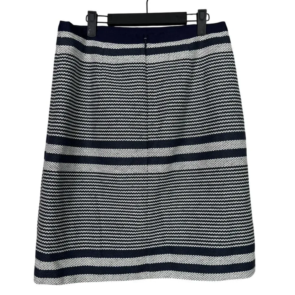 J. Crew Striped Nautical A Lined Knee Length Pencil Tweed Skirt 8 T Blue White